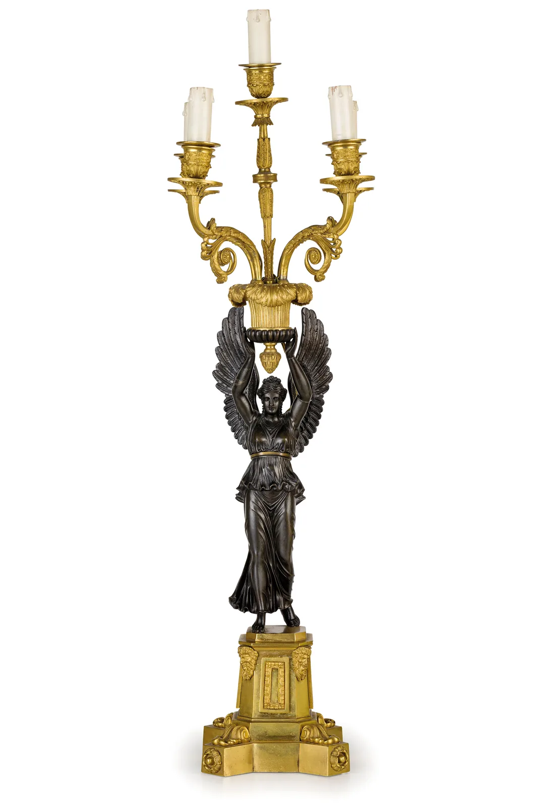 Coppia di Candelabri in Bronzo Dorato e Patinato