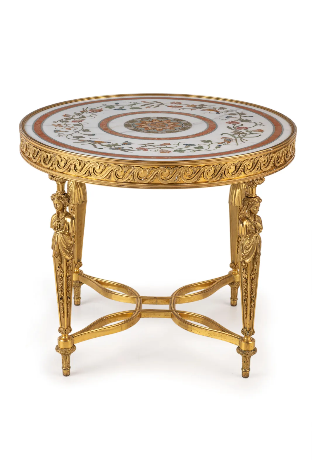 Tavolo in Bronzo Dorato con Piano in Marmo Bianco e Scagliola Dipinta